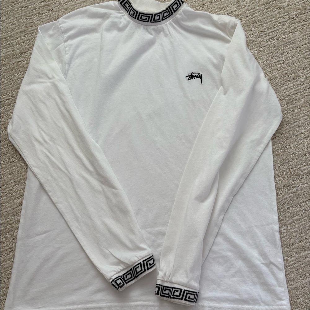 Stussy White Long Sleeve Tee with Black Patterned Collar & Cuffs